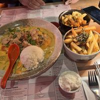 Fries and vegan curry with protein "meat"  at MoschMosch - Goetheplatz in Frankfurt