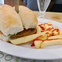 Italian sandwich (I think it was churrasco) with some fries (usually they give more but I wanted just a few) at Suculenta Sangucheria Vegana in Santiago