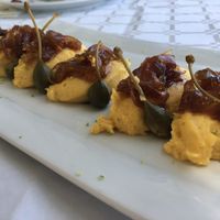 Fava with caramelised onions and capers at Vassilikos in Santorini