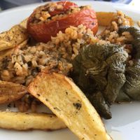 Stuffed tomatoes and peppers at Vassilikos in Santorini