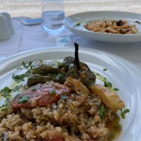 Pepper and tomato stuffed with rice and pasta without feta cheese. at Vassilikos in Santorini