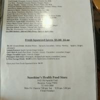 Juice Menu at Sunshine's Health Food Store and Vegetarian Deli in Houston