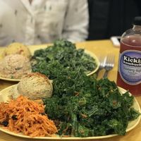 Vegan hummus, carrot/ raisin, kale salad (front); vegan nut pate, potato, kale  at Sunshine's Health Food Store and Vegetarian Deli in Houston