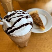 Vegan hot chocolate & pear cake at Cafe Torpanranta in Helsinki