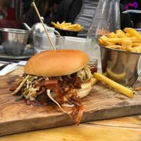 BBQ jackfruit burger and fries at The Laundrette in Chorlton