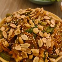 Indonesian Noodles with Tofu (portion is easily enough for two people) at Cafe del Mundo in La Paz