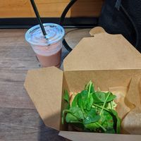 Avocado toast (spinach instead of sprouts), strawberry shake. $13. at E+ROSE Wellness Cafe - Gulch in Nashville