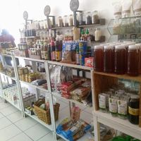 Shelves with spices, but butters, salsas etc. at Punto De Origen in Cuernavaca