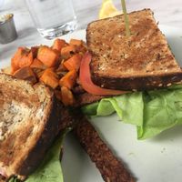 T.L.T sandwich with tempeh and vegan mayonnaise, side of sweet potato hash at True Food Kitchen in The Woodlands