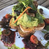 Smashed Avocado with mushrooms, tomatoes and homemade beetroot relish! Amazing at Hobson in Rosebud