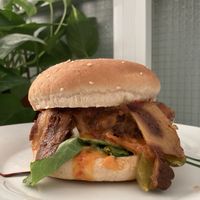 Mushroom burger with bacon and almond cheddar cheese (vegan) at Vegan Xpress in Mitzpe Ramon