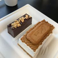 Lotus cookie cheesecake and chocolate bar filled with caramel and peanut butter. at Radagast Vegan Bakery in Rome