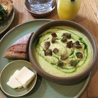 Cauliflower soup with croutons, sourdough bread and vegan butter  at Fint in Leeds