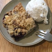 Vegan blueberry cake and vegan vanilla ice cream   at Fint in Leeds