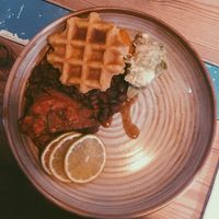 cornbread waffles, black beans, sweet potato, avo and the most amazing tofu! at Fint in Leeds