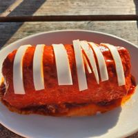 Enchilada sauce french fry burrito made vegan at La Cabana de Raya in Astoria