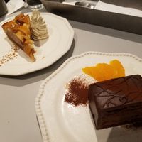 apple pie with whipped cream and chocolate cake at Futaba Fruits Parlor in Kawasaki