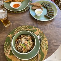 Dolma, Noodles with Mushrooms and vegetables, and Fries  at Manipura Ethic Cafe & Bar in Baku