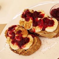 Home made vegan peanut  butter with banana and compote  at Thai Me up in Ios