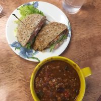 Vegan chili & Black Bean Burger at Foodworks - Guilford in Guilford