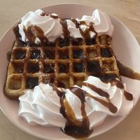 Waffle with vegan whipped cream und rhubarb jam  at Kattakaffihusid in Reykjavik