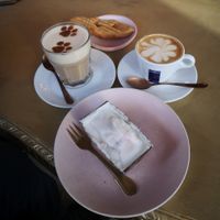 Chai latte, cappuccino, "donut" and lemon-blueberry pie at Kattakaffihusid in Reykjavik