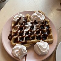 Waffles with rhubarb jam and cream   at Kattakaffihusid in Reykjavik