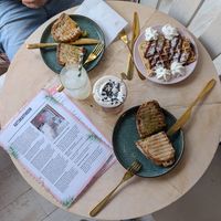 Toasted sandwiches (avocado and pesto), waffle with rhubarb jam, Hugo ice tea and licorice hot chocolate at Kattakaffihusid in Reykjavik