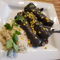 Huitlacoche enchiladas - mushrooms, black beans and corn wrapped up in blue tortillas and covered with a huitlacoche sauce. Had to take most of it home. at Mayahuel in Sacramento