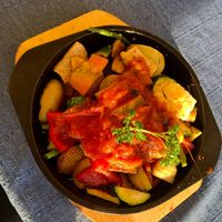 Vegane Grillgemüsepfanne (vegan grilled vegetables with pea protein strips and potato)  at Hotel Zum Schiff in Meersburg