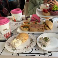 Vegan high tea, including scones, hot chocolate, pasties, and tea sandwiches!  at Brigit's Bakery in London
