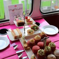 The spread at my table (you can see the tray with the little green flag on it is the vegan selection)  at Brigit's Bakery in London