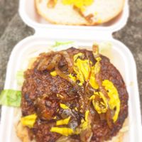 No bull burger with onions and mustard- delicious  at Vegano - Food Truck in Newcastle Upon Tyne