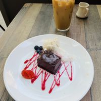 Chocolate ganache with a berry reduction. In retrospect, I should have ordered this as my entree as well    at Blossom Restaurant on Columbus in New York City