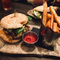 Burger and garlic fries at Blossom Restaurant on Columbus in New York City