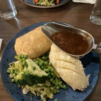 Vegan Wellington. Delicious gravy and mashed potatoes. Steamed veggies    at Darcy's in Belfast