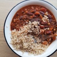 Lentil and bean chilli with rice at Rawdish in Luxembourg City