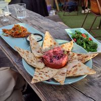 Left to right: mushroom buffalo wings; beetroot hummus + flatbread; tenderstem broccoli at Love Shack in East London
