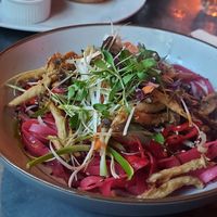 Asian pink noodles....enoki mushrooms where perfection at Love Shack in East London