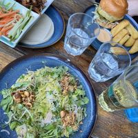 Vegan orzo dish, vegan burger & vegan duck pancakes   at Love Shack in East London