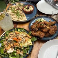 Blue cheese salad, honey mustard wings & pitta w hummuss  at Love Shack in East London
