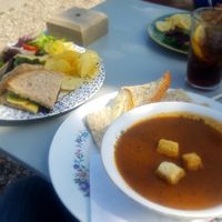 Minestrone veggie soup and vegan cheese and tomato sandwich at Teashop By The Canal in Newbury