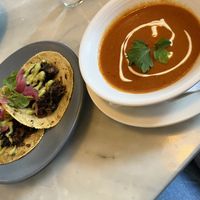 Tomato soup and jack fruit tacos  at Rosalinda in Toronto