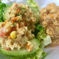 "Tuno" salad stuffed avocados with mashed "viandas" and salad. at Frescura PR in Catano