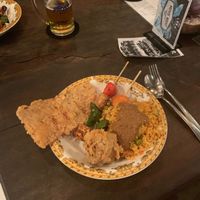 fritters, tempe sate, rice, peanut sauce at LOKA in Kuta