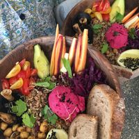 Vegan Barrel Bowl, Spiced bean and quinoa. Beetroot Hummus. Avocado, Crispy Chickpeas, Sourdough, Cherry Tomato, Purple sauerkraut, Carrot, mushrooms and Love   at Let's Be in Tamraght