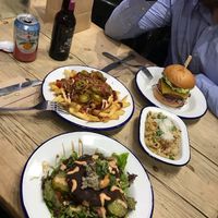 Naked bean burger, loaded chips, jackfruit burger and mac’n’cheese! at Wicked Vegan in South West London