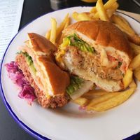 Half beef burger, half chicken burger 🍔 at Wicked Vegan in South West London