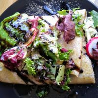 "skogen" (forest). Buckwheat vegan pancake with mushrooms, garlic, raddishes, salad, balsamico and avocado at Creperie de Mari in Oslo