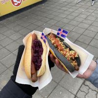  Vegan hotdog with red cabbage and vegan volcanic hot dog at Akureyri Hot Dog Stand in Akureyri